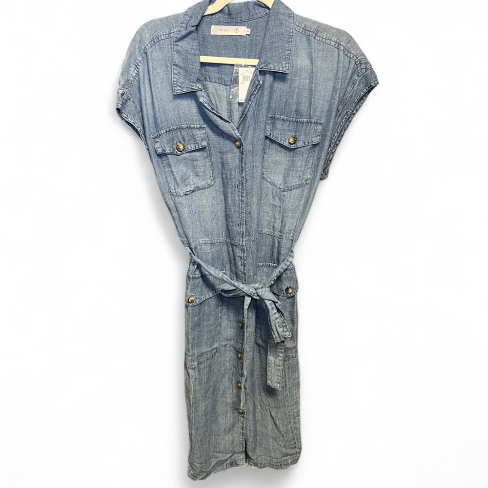 Casual Denim Midi Dress with Tie Waist